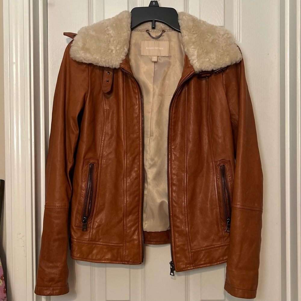 Brown Leather Jacket with Wool Collar